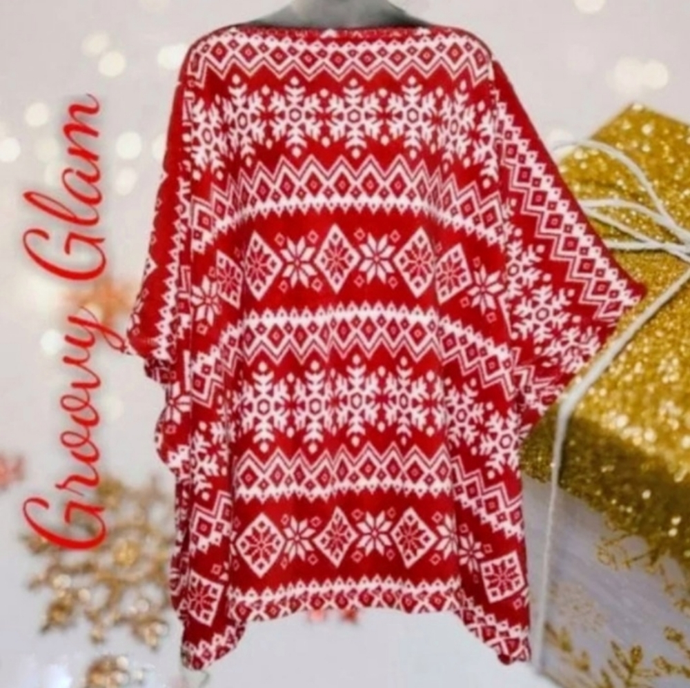 GROOVY GLAM Red Nordic Print Handmade Plush Poncho
